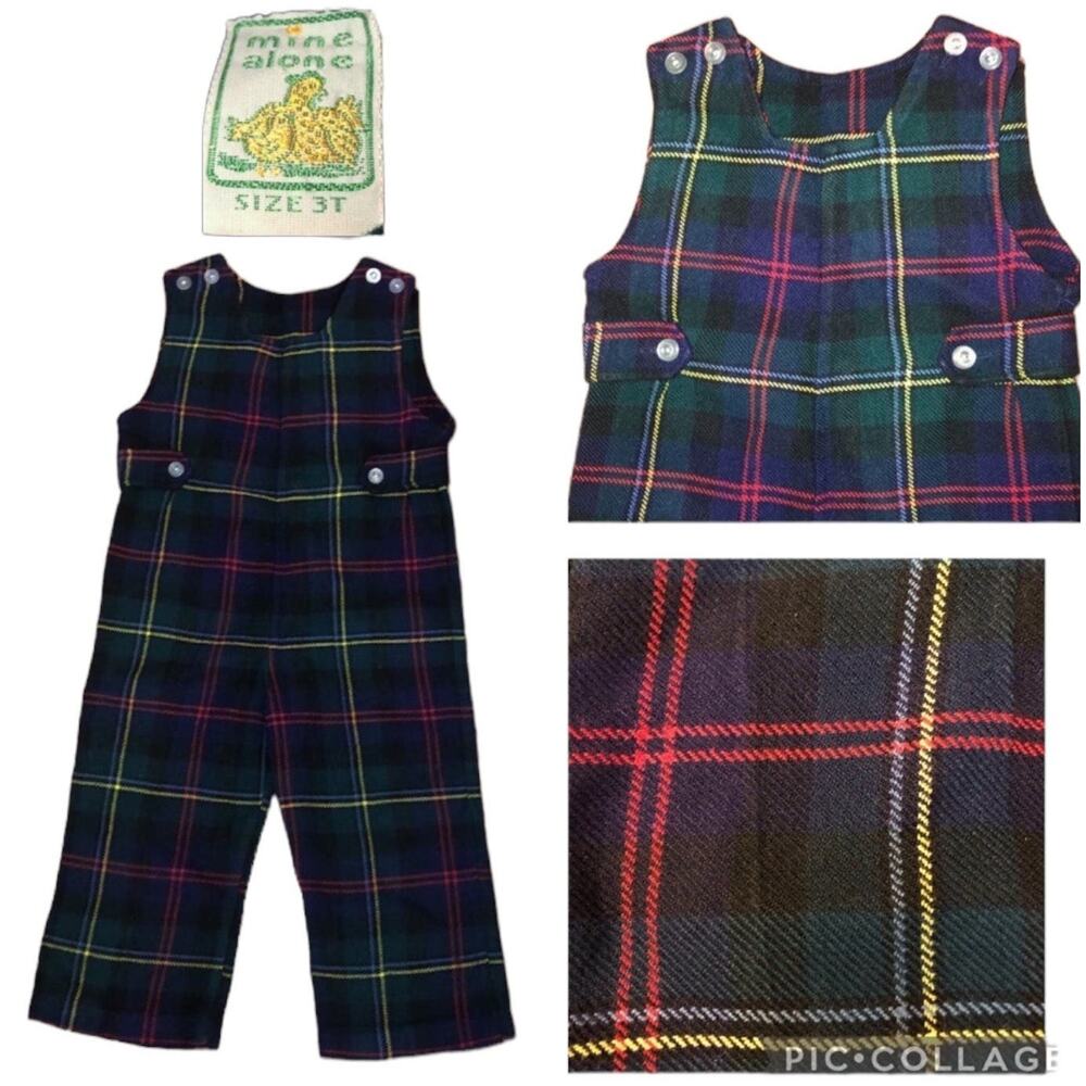 Vintage Mine Alone plaid overalls, longalls, navy, red and green  3T